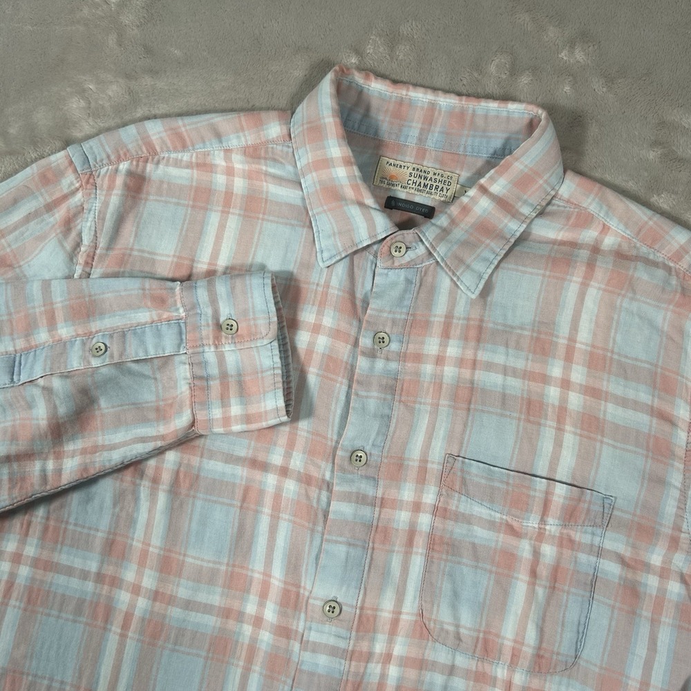 Faherty Sunwashed Chambray Shirt Mens XL Plaid Supima Cotton Pocket Huckberry